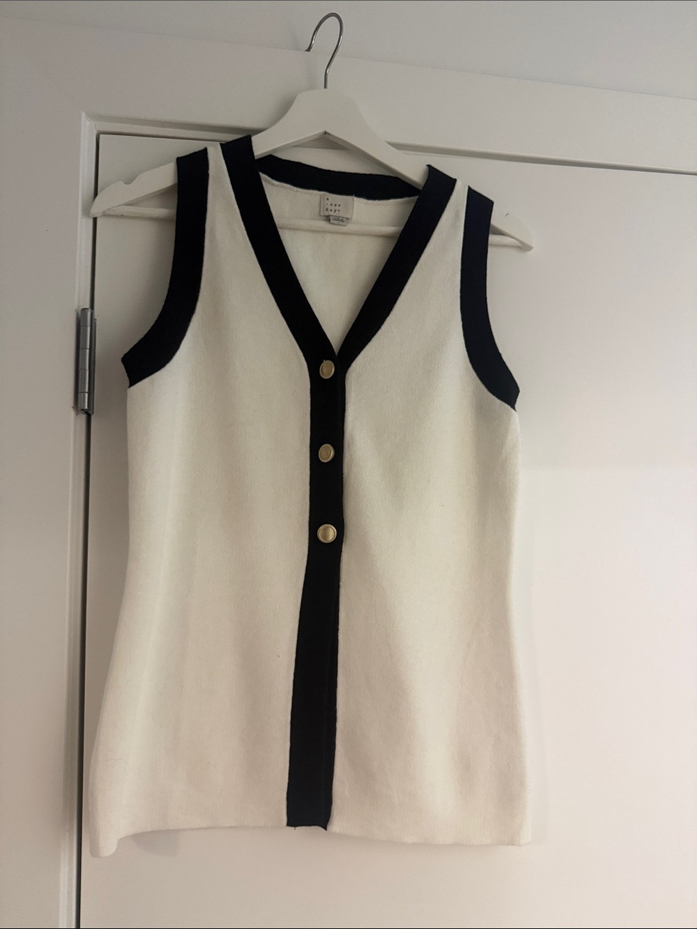 a new day Cream Sleeveless V-Neck Tank with Black Trim and Gold Buttons